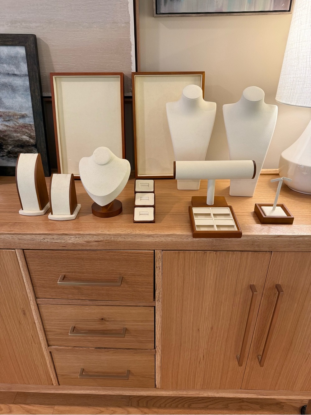 Cream fabric Jewelry Display Set with Wood Accents